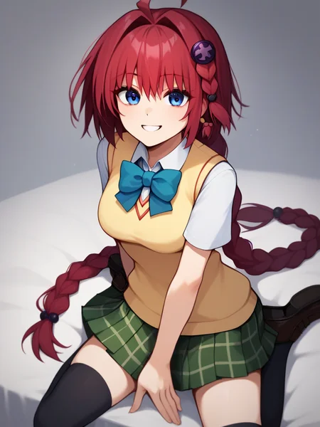 score_9,score_8_up,score_7_up,<lora:to_love-ru_all:1>,1girl, character: kurosaki mea, solo, looking at viewer, smile, blue eyes, red hair, very long hair, ahoge, braid, hair ornament, black socks, green skirt, kneehighs, plaid skirt, pleated skirt, sainan high school uniform, sweater vest, bowtie, highres, commentary request, plaid clothes