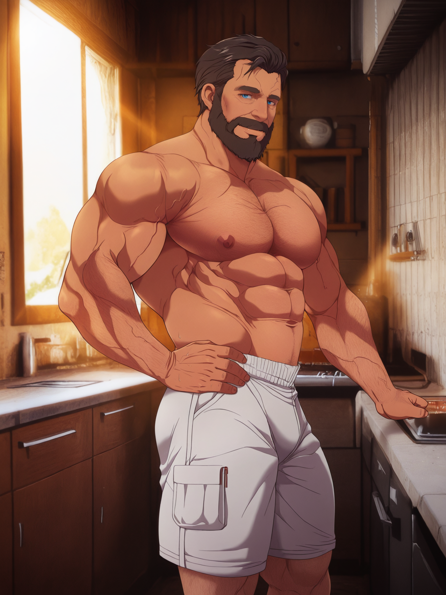 1boy, solo, muscular male,beard,short hair,blue eyes, middle-aged man,black hair, body hair, shirtless, white shorts,hand on hip, morning sunlight, warm lighting, kitchen, casual, standing,sideways, smiling,looking_at_viewer,    
masterpiece,best quality,amazing quality,
ry0ns1ll