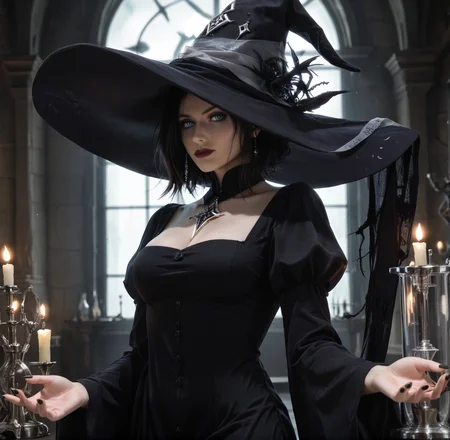 <lora:Intruder_Girls_Frontline:.7> intruder, black hair, blue eyes, black nail polish, intruder sorceress, black dress, witch hat, solo, alchemist lab, fantasy lab, beakers