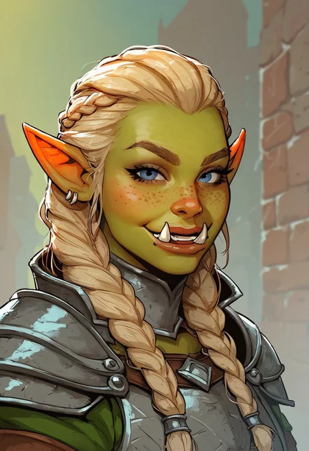 score_9, score_8_up, score_7_up, 1girl, female, orc, tusks, green skin, (green skin), thicc, buff, beefy, stout, freckles, light blonde hair, large braids, full armor, paladin armor, halfbody Portrait, royal cape, wielding a large tower shield, focus from Front, close up, naughty smile, cheek dimples, looking at viewer, shoulder, arched back, cobblestone street, small bridge, outside a kingdom, fantasy, dnd