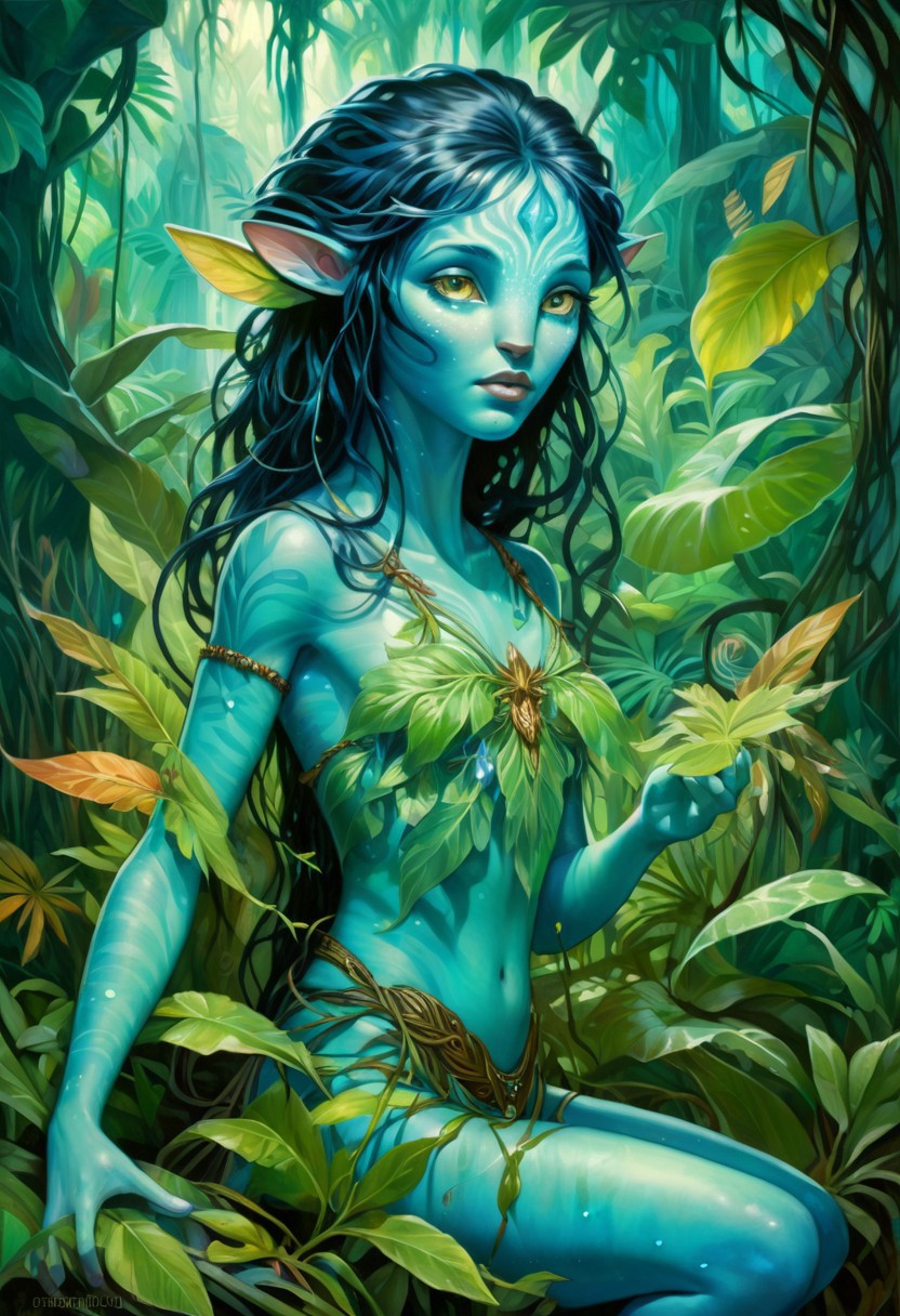Alphonse Mucha Style page oil  painting of a 18 year old female Avatar navi alien with blue skin, wearing leaf tunic in a bioluminescent jungle, busy, cleavage