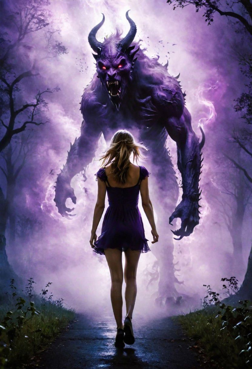 a beautiful white girl is walking through the park at night, She senses that something is following her, (behind her appearing from the shadowy mist is a scary beast, she tries to run away from the beast, the beast has hold of her arm, purple DEVIL SPAWN