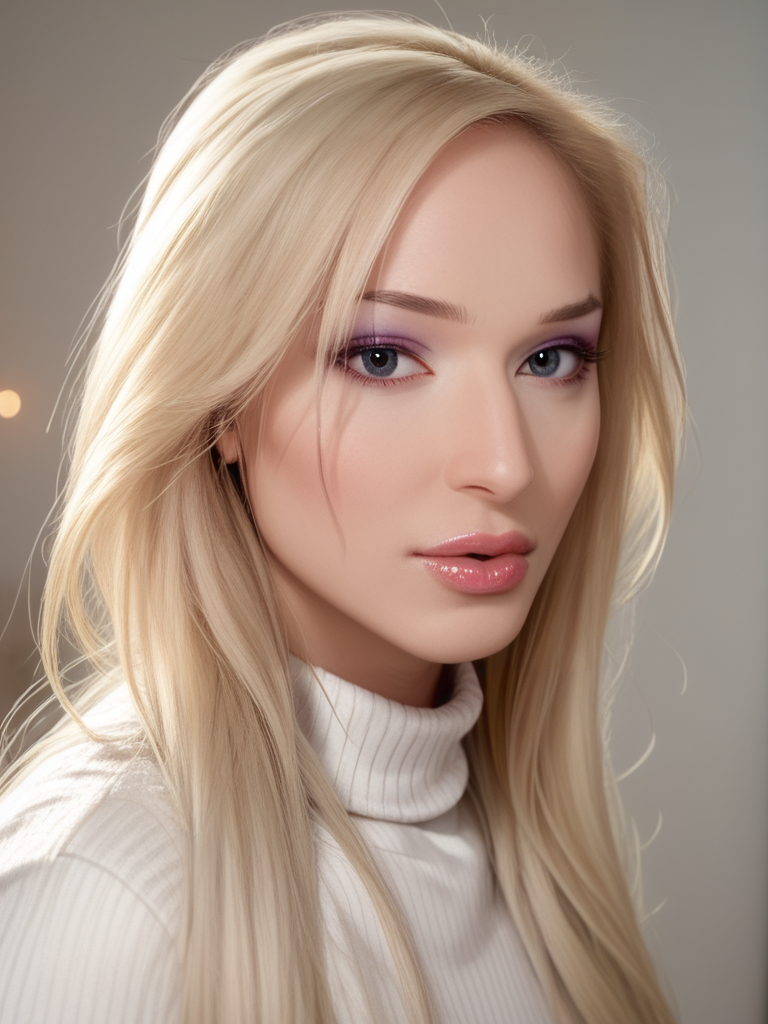 score_9, score_8_up, score_7_up, Khlo3H4rt, Khloe Hart, <lora:Khlo3H4rt-pony:1>,  1girl, makeup, lips, long hair, blonde hair, big lips, white sweater, solo, looking at viewer, bokeh, focus, film, velvia, artistic, best quality, photograph, focus