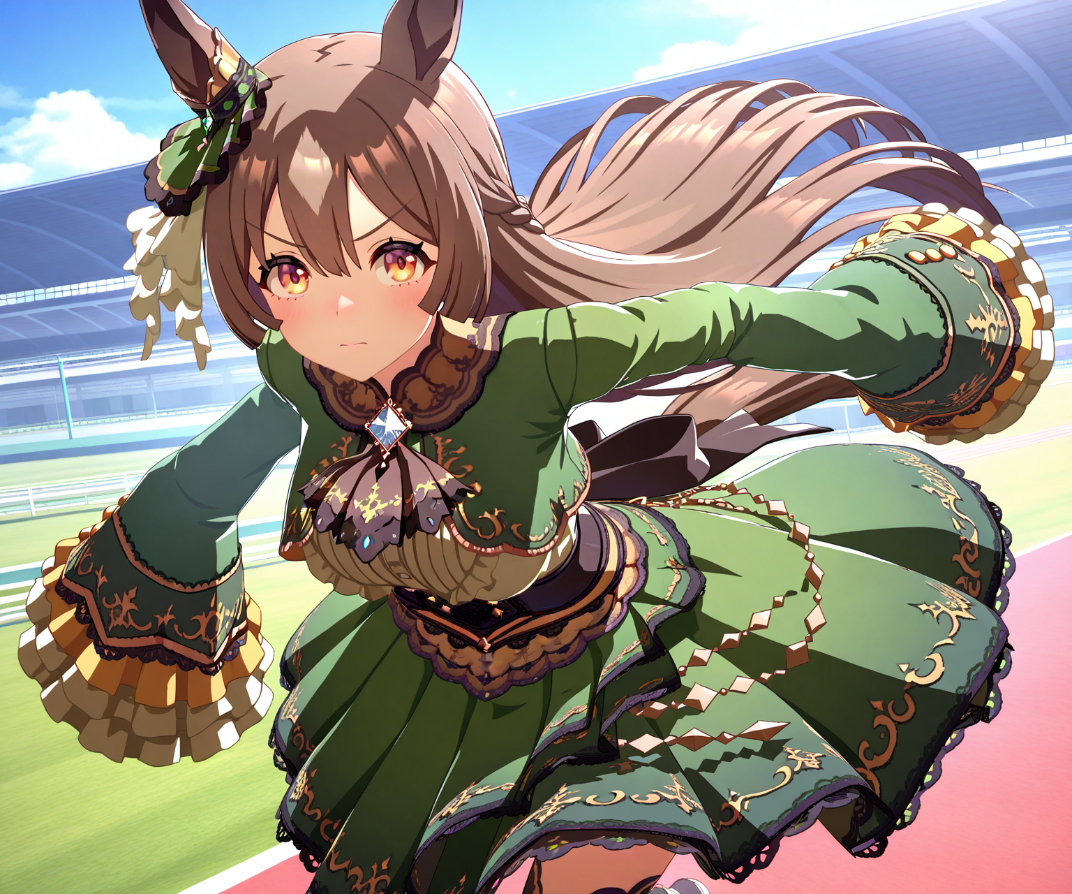 masterpiece, best quality, amazing quality, , 1girl, solo umamusume, racetrack, running,  serious,  <lora:Satono Diamond in game style 3D:1> ummsmingame, 3d, satono diamond \(umamusume\), sleeves past fingers