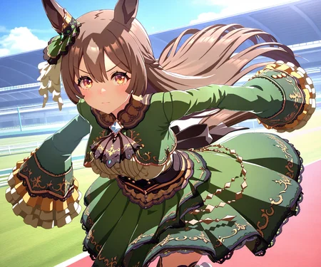 masterpiece, best quality, amazing quality, , 1girl, solo umamusume, racetrack, running, serious, <lora:Satono Diamond in game style 3D:1> ummsmingame, 3d, satono diamond \(umamusume\), sleeves past fingers