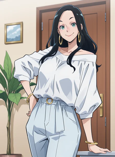 <lora:add-detail-xl:1.3>earrings, solo, MakotoTsukauchi, mole under mouth, sexy, bracelet, pants, long hair, jewelry, hoop earrings, smile  <lora:Makoto_Tsukauchi:1>