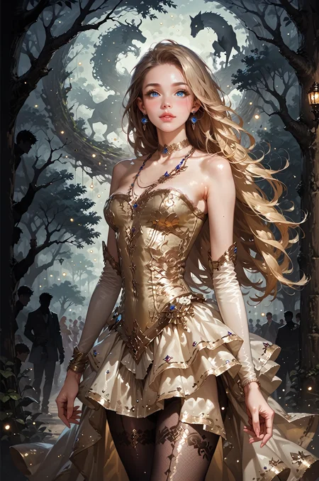 score_9, score_8_up, score_7_up, score_6_up, (1girl,solo), ((white and gold skirt, lace skirt, short dress, fishnet pantyhose)), necklaces, gold elbow gloves, strapless, extremely detailed, ((beautiful silhouette of a female in a dress)), (epic oak tree, heavy backdrop lights), (whimsical colorful dustclouds background, dust particles, lots of detail), sharp focus,, long hair, blonde hair, earrings,<lora:LOAs0rcl34pXL:0.75>,LOAs0rcl34pXL,<lora:sinfully_stylish_SDKL:0.5> <lora:Concept Art DarkSide Style LoRA_Pony XL v6:0.6>, concept art, realistic, <lora:Expressive_H:0.5> Expressiveh