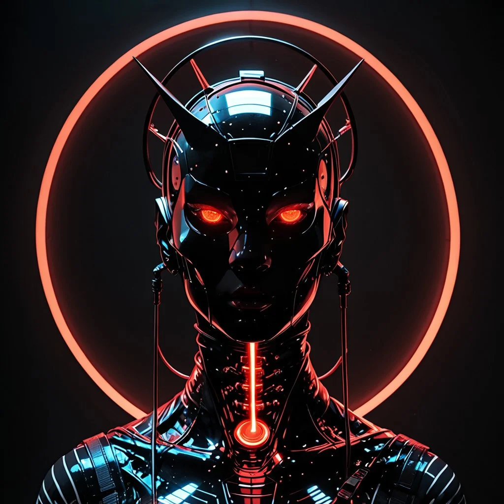 masterpiece, best quality,high quality, newest, highres,absurdres, androgynous figure against a solid black background. The subject is adorned in a futuristic, geometric costume with bold color combinations. The costume is primarily composed of horizontal black and white stripes, which create a stark contrast against the figure's pale skin. The headpiece is a large, circular shape with a gradient from red at the outer edge to white at the center, resembling a halo. The figure's face is painted in a dramatic, almost mask-like style, with a white base and striking red lips. The makeup around the red glowing eyes is heavily accentuated, giving a bold, almost exaggerated appearance. The overall aesthetic is minimalistic yet highly impactful, with a focus on clean lines and bold color contrasts. The image's lighting is carefully controlled, casting subtle shadows that accentuate the contours of the costume and the figure's features. The texture of the costume appears smooth and glossy, enhancing the futuristic and otherworldly feel of the artwork. The composition is symmetrical, with the figure centered and the headpiece extending beyond the frame, drawing the viewer's attention to the central subject. white sphere on the background, dark_theme,soft lighting,g0th1c, glowing, neon lights, glowing eyes,orange sphere on the background