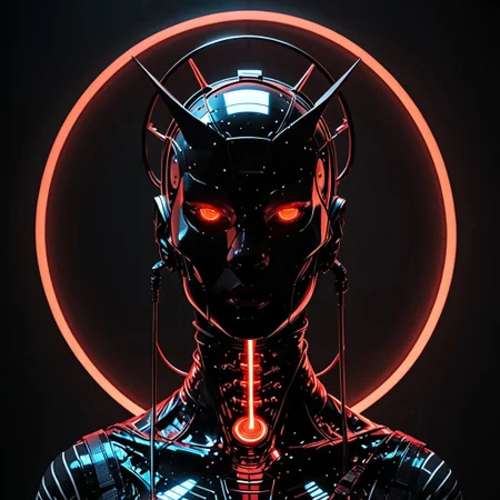 masterpiece, best quality,high quality, newest, highres,absurdres, androgynous figure against a solid black background. The subject is adorned in a futuristic, geometric costume with bold color combinations. The costume is primarily composed of horizontal black and white stripes, which create a stark contrast against the figure's pale skin. The headpiece is a large, circular shape with a gradient from red at the outer edge to white at the center, resembling a halo. The figure's face is painted in a dramatic, almost mask-like style, with a white base and striking red lips. The makeup around the red glowing eyes is heavily accentuated, giving a bold, almost exaggerated appearance. The overall aesthetic is minimalistic yet highly impactful, with a focus on clean lines and bold color contrasts. The image's lighting is carefully controlled, casting subtle shadows that accentuate the contours of the costume and the figure's features. The texture of the costume appears smooth and glossy, enhancing the futuristic and otherworldly feel of the artwork. The composition is symmetrical, with the figure centered and the headpiece extending beyond the frame, drawing the viewer's attention to the central subject. white sphere on the background, dark_theme,soft lighting,g0th1c, glowing, neon lights, glowing eyes,orange sphere on the background