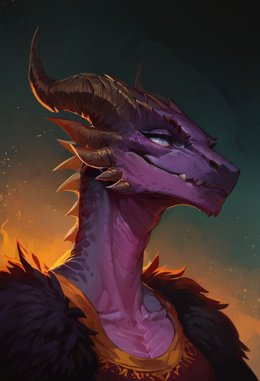zPDXL, score_9, score_8_up, score_8, score_7_up, score_7, HD, female focus, solo, fantasy, alchemical lab background, (dynamic lighting:1.1), ((masterpiece)), Dragonborn, scalie, headshot, iridescent scales, purple scales, female, jewelry on horns, sharp horns, beautiful eyes, spiked jawline, spiked chin, black and gold witch dress, furred dress, intricate dress,  barely visible cleavage, silver eyes, smug expression, chin raised,