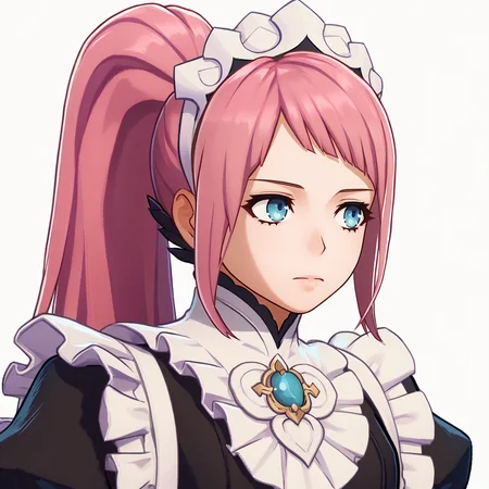 score_9, score_8_up, score_7_up, source_anime BREAK 1girl, solo, <lora:zs_EngagePortraitsXL:1> engageportraits, portrait, white background,  <lora:felicia-fe-richy-v1_xl:0.8> feliciadef, pink hair, ponytail, blue eyes, maid headdress, brooch, maid apron, black thighhighs, bridal gauntlets