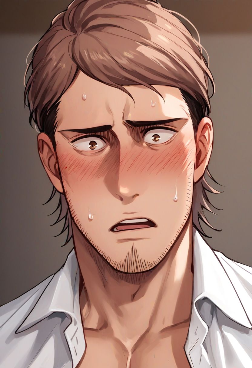 score_9, score_8_up, score_7_up, solo male, Jean Kirstein, brown hair, light-brown eyes, thin eyebrows, facial hair, stubble, white collared shirt, (open shirt:1.1), bare neck, bare chest, handsome, charming, alluring, (portrait, close-up:1.2), shy, blush, surprised, embarrassed, sweaty, upper body, perfect anatomy, perfect proportions, best quality, masterpiece, high_resolution, cowboy shot, photo background, (perfect face, perfect eyes:1.3)