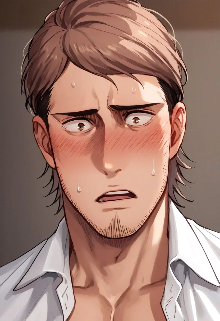 score_9, score_8_up, score_7_up, solo male, Jean Kirstein, brown hair, light-brown eyes, thin eyebrows, facial hair, stubble, white collared shirt, (open shirt:1.1), bare neck, bare chest, handsome, charming, alluring, (portrait, close-up:1.2), shy, blush, surprised, embarrassed, sweaty, upper body, perfect anatomy, perfect proportions, best quality, masterpiece, high_resolution, cowboy shot, photo background, (perfect face, perfect eyes:1.3)