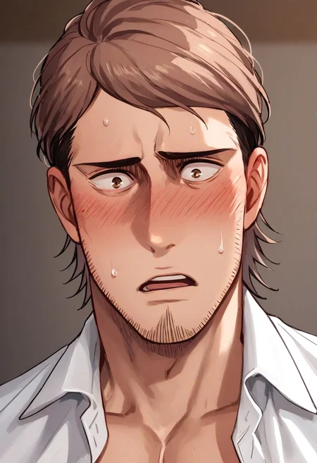 score_9, score_8_up, score_7_up, solo male, Jean Kirstein, brown hair, light-brown eyes, thin eyebrows, facial hair, stubble, white collared shirt, (open shirt:1.1), bare neck, bare chest, handsome, charming, alluring, (portrait, close-up:1.2), shy, blush, surprised, embarrassed, sweaty, upper body, perfect anatomy, perfect proportions, best quality, masterpiece, high_resolution, cowboy shot, photo background, (perfect face, perfect eyes:1.3)