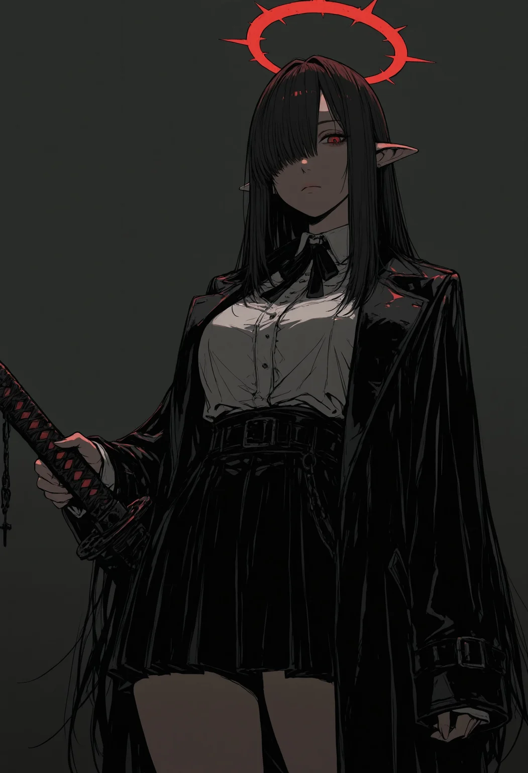 sinner2, solo, 1girl, pointy ears, weapon, sword, black hair, skirt, looking at viewer, shirt, hair over one eye, halo, coat, simple background, red eyes, long sleeves, bangs, sleeves past wrists, white shirt, closed mouth, black skirt, detailed lighting, masterpiece, best quality, beautifully drawn, elegantly detailed, 8k, newest, sinner2, kttw2, , <lora:93c134cc-97e6-4e59-b3aa-eb026cc9598c:0.9>