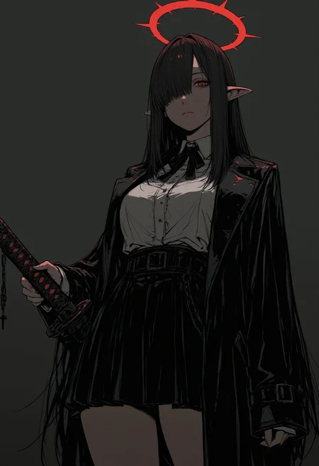 sinner2, solo, 1girl, pointy ears, weapon, sword, black hair, skirt, looking at viewer, shirt, hair over one eye, halo, coat, simple background, red eyes, long sleeves, bangs, sleeves past wrists, white shirt, closed mouth, black skirt, detailed lighting, masterpiece, best quality, beautifully drawn, elegantly detailed, 8k, newest, sinner2, kttw2, , <lora:93c134cc-97e6-4e59-b3aa-eb026cc9598c:0.9>