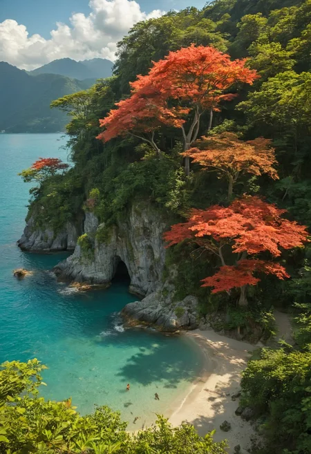 beautiful enchanting landscape, 64k, UHD, ((masterpiece, ultimate quality)), sharp focus, beautiful scenery, highres, highly detailed, superrealistic, photorealistic,sunny day with a cloud less blue sky, a large island in the middle of the ocean with jungle trees and highe mountain cliffs on one side of the island reaching over the water, on the other site a beach with soft white sand and some palme trees, one huge giant scarlet maple tree in the middle of the island beside of a clear lake holding a fantasy medieval Japanese town on its branches,, photorealistic, masterpiece, 64k, UHD, ultra detailed, vivid colors, high quality, sharp focus