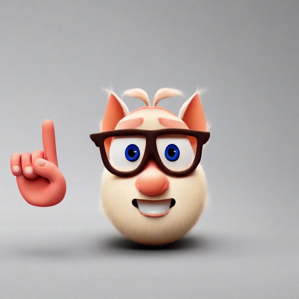 source_cartoon (Booba , 1boy,Blue Eyes , antenna and a tail,3D Style ,four fingers (on his hands) ,three toes (on his feet) ,bulbous nose)mikus-nerd, only head, round face, large front teeth, thick-framed glasses, round lenses, raised eyebrows, awkward smile, nerd, negative_hand index finger points up