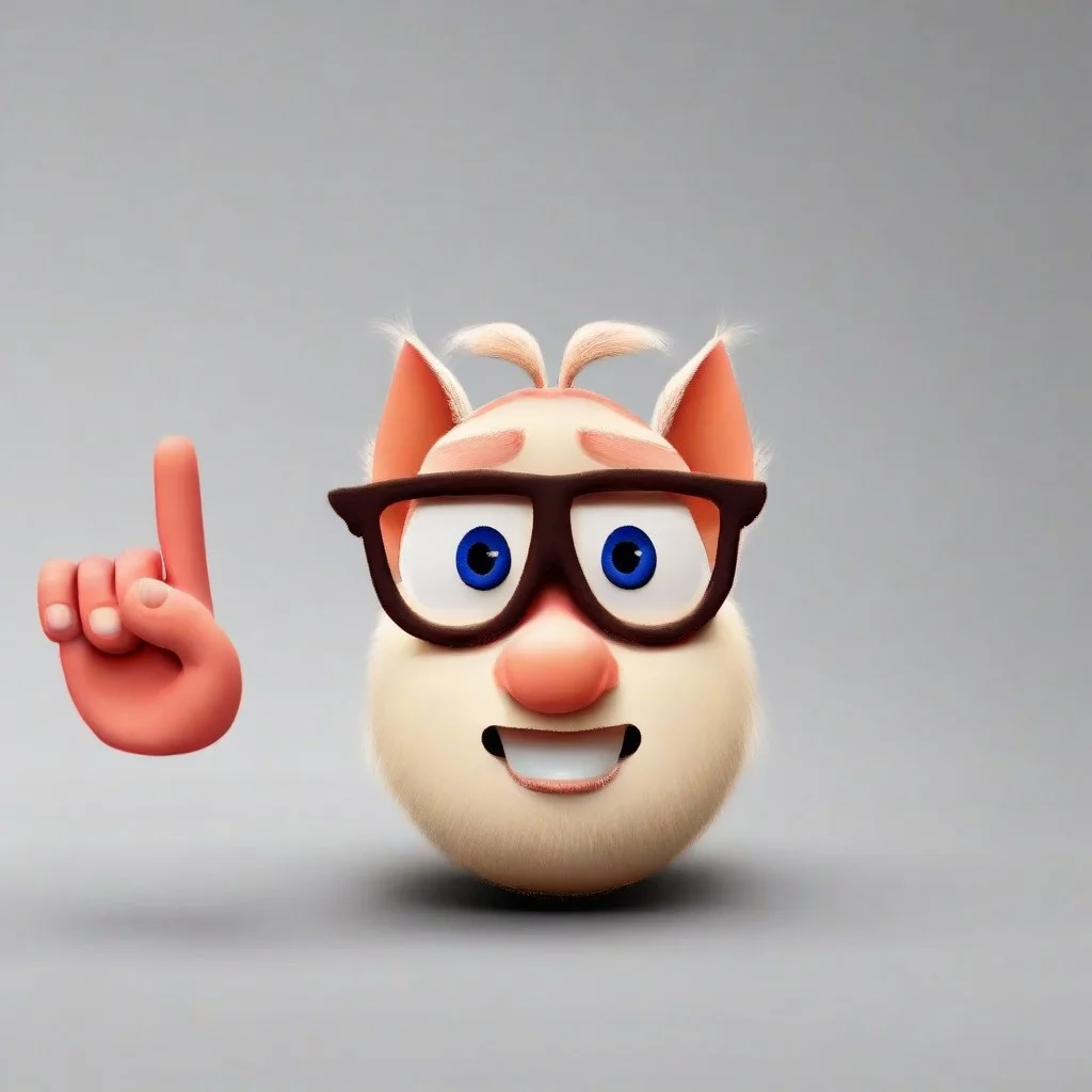 source_cartoon (Booba , 1boy,Blue Eyes , antenna and a tail,3D Style ,four fingers (on his hands) ,three toes (on his feet) ,bulbous nose)mikus-nerd, only head, round face, large front teeth, thick-framed glasses, round lenses, raised eyebrows, awkward smile, nerd, negative_hand index finger points up