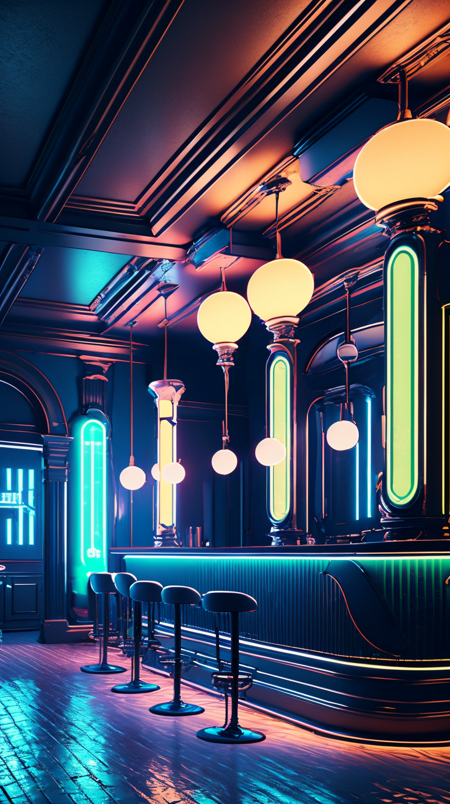 masterpiece, high detailed, high quality, empty modern club scene, bar, neon lights,  <lora:ToonClub:1>