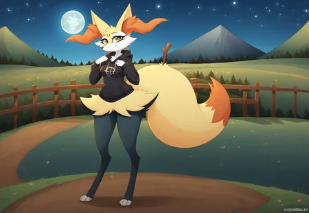 safe_pos, score_9, score_8_up, score_7_up, ultra quality, high res, source_furry, full body
1girl, Alone, BraixenPXL, Female Braixen, Anthro Fennec Fox, Furry Female, Amber Eyes, Yellow Fur, White Fur, Black legs, White paws, small breasts, fluffy fox tail, Tall, ((Tall Female))
oversize hoodie, black hoodie, glasses, square glasses frame
Looking at viewer, warm smile, cute eyes
Landscape, outdoor, in the woods, meadow fields, strolling, night time, bright stars, full moon