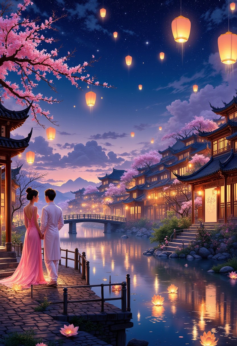 The Lantern Festival of Eternal Vows
A quiet riverside town under the glow of thousands of floating lanterns, set during the ancient Chinese Lantern Festival. The sky is painted in hues of soft lavender and blush pink, transitioning into the deep indigo of night, where delicate stars shimmer like embroidery on silk.
Along the stone-paved streets, lovers walk in flowing hanfu, their sleeves brushing as they share whispers of poetry and eternal promises. The river is alive with lotus-shaped lanterns, each carrying a wish written in delicate calligraphy, glowing softly as they drift toward the horizon.
At the town’s archway bridge, carved with dragon and phoenix motifs, a couple stands hand in hand, watching their lantern join the river of lights. A gentle rain of cherry blossoms falls from the sky, as if heaven itself is blessing their love. In the distance, the faint sound of laughter and guzheng music (古筝, traditional Chinese harp) lingers in the air, merging with the golden glow of the lanterns, creating a scene of timeless romance and fleeting beauty.