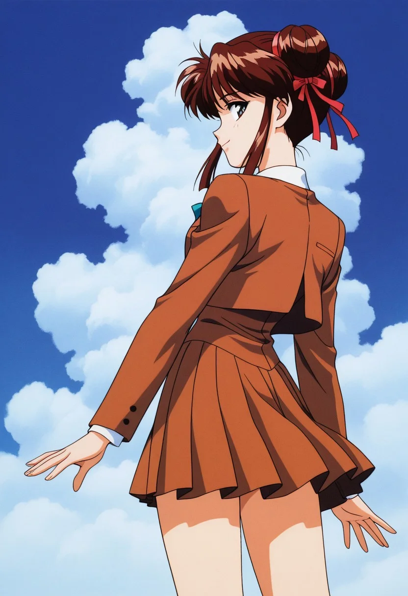 masterpiece, best quality, source_anime,official art,perfect_anatomy,1990s_\(style\),retro_artstylemiaka yuki,1girl,brown hair,twintails,sidelocks,hair bun,double bun,hair ribbon,school uniform,ribbon,profile,looking_at_viewer,smile,cowboy shot,thighs,hip,from behind,day,blue_sky,cloud