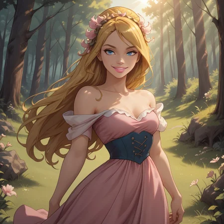 score_9, score_8, BREAK, solo, blonde hair, long hair, flower hairband, blue eyes, pink lips, lipstick, pink long dress, off shoulder dress, breasts, barefoot, Giselle_(Enchanted), cute, sexy pose, self portrait, smile, outdoors, sunlight, shadows, evening lighting, natural lighting, forest, trees, grass, orange sky, sunset