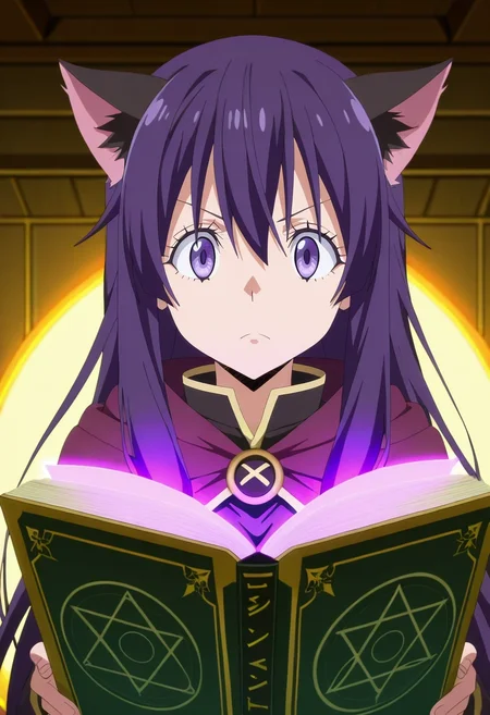 masterpiece, best quality, anime screencap, anime coloring, official style, , , 1girl, rem \(how not to summon a demon lord\), purple hair, purple eyes, long hair, cat ears, solo, magic academy, floating books, practice circles, arcane symbols, casting pose, concentrated expression, indoor lighting, <lora:tensura_style_ilxl:1>, tensura_style,
