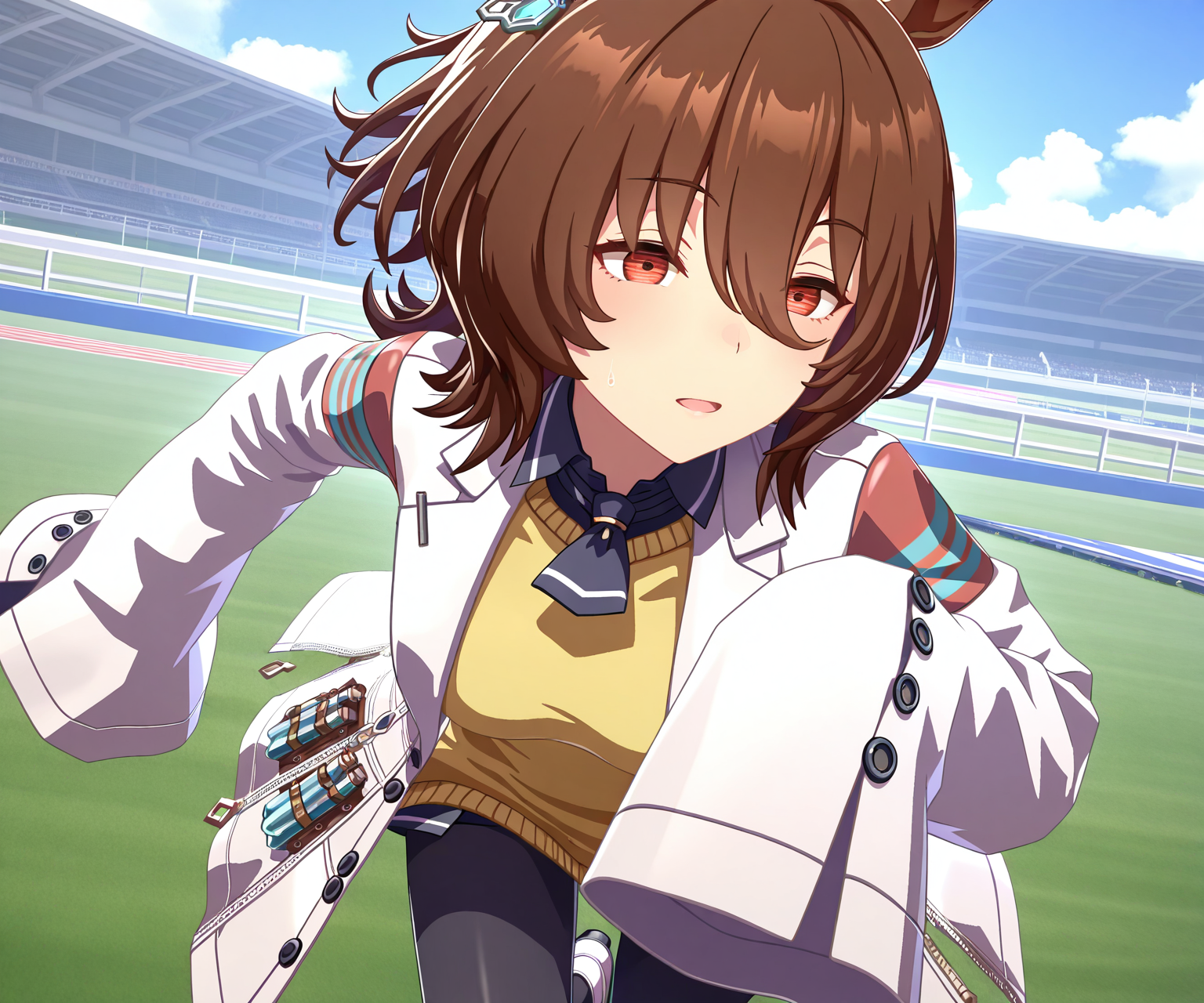 masterpiece, best quality, amazing quality, , 1girl, solo,  racetrack, running,    <lora:Agnes Tachyon in game 3D style ILL-v2:1> ummsmingame, 3d,  agnes tachyon \(umamusume\),  sleeves past fingers