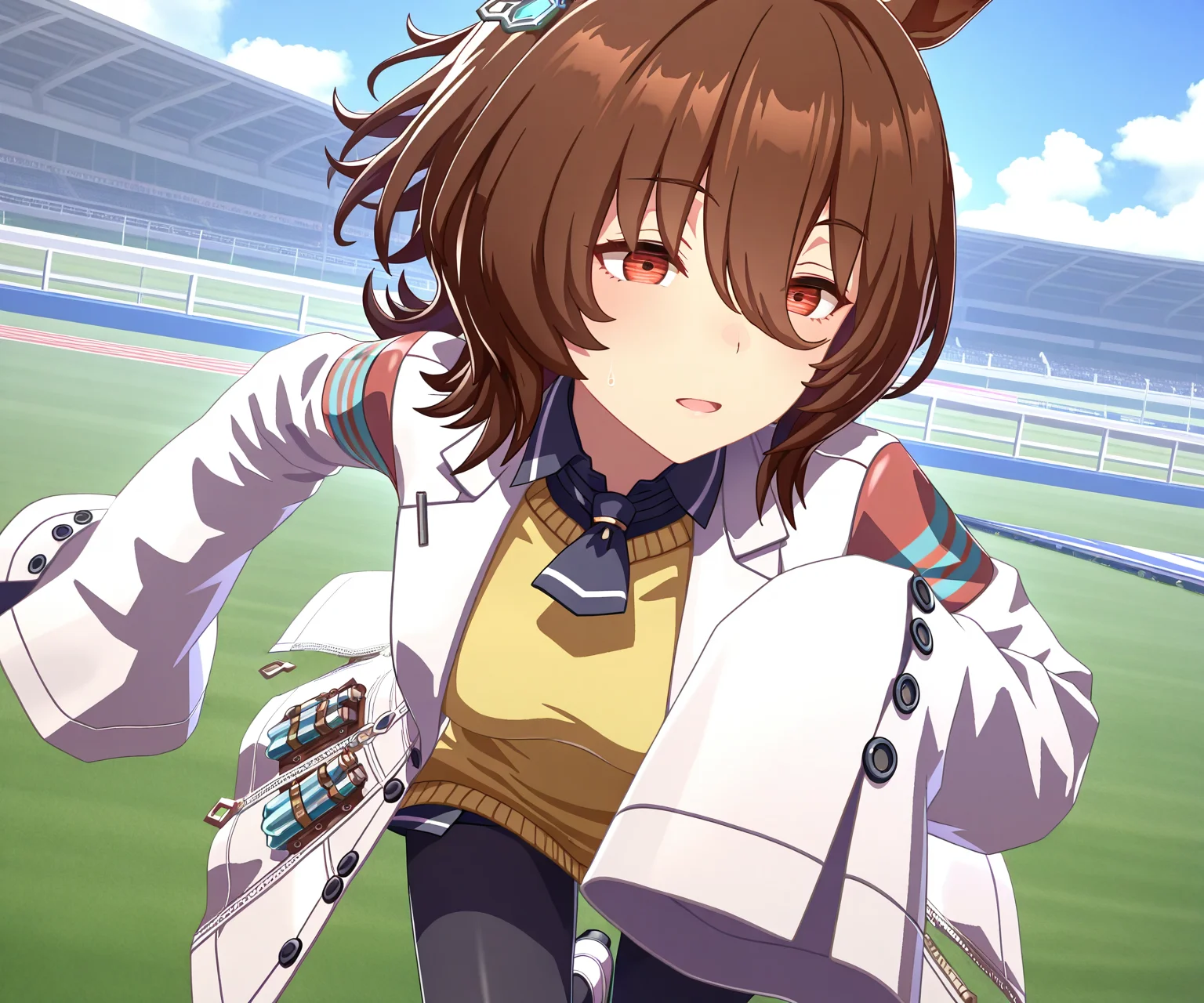 masterpiece, best quality, amazing quality, , 1girl, solo, racetrack, running, <lora:Agnes Tachyon in game 3D style ILL-v2:1> ummsmingame, 3d, agnes tachyon \(umamusume\), sleeves past fingers
