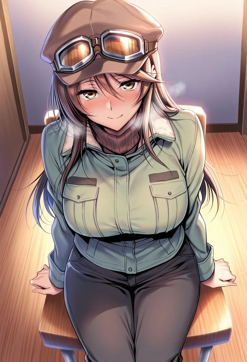general,highres, ultra-detailed,very aesthetic,best quality ,best hands,masterpiece, best quality, newest, highres, score_9, score_8_up, score_7_up, source_anime, rating_explicit,1girl, yokota mamoru style,motion lines,Very straight nose,slim,slender face,perfect nose,torogao,seductive smile,looking at the viewer
Ichinose Honami,Brown hair, hair Parted to Side, Sidehair, Spiky Bangs, Waist Length hair,long hair,amber eyes,slim
1girl, solo, long hair, brown hair, goggles, blush, sitting, smile, hat, chair, breasts, wooden floor, looking at viewer, large breasts, jacket, goggles on headwear, pants, goggles on head, brown eyes, yellow eyes, black pants, long sleeves, breath,winter