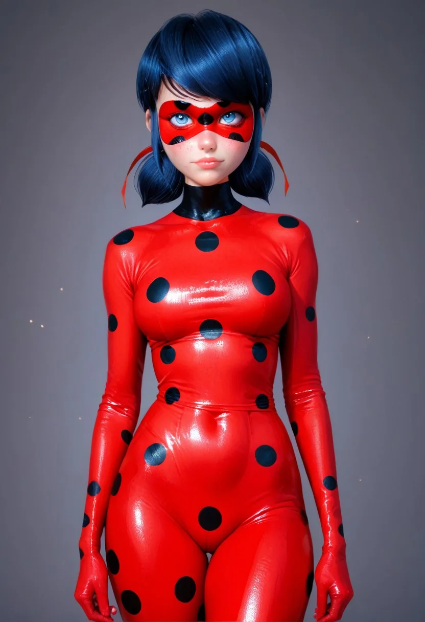 1girl, (Miraculous) Marinette Dupaing-Cheng, score_9, score_8_up, score_8, horny, flirtatious look, blushing, visible breasts, perfect fat ass,blue hair, , looking at viewer, hyperrealistic, volumetric lighting, skinhairdetail, expressive, focus on face, textured skin, dramatic lighting, eye lighting, Expressive, skindentation, red bodysuit, polka dot, mask, domino mask,