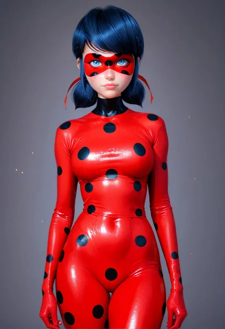 1girl, (Miraculous) Marinette Dupaing-Cheng, score_9, score_8_up, score_8, horny, flirtatious look, blushing, visible breasts, perfect fat ass,blue hair, , looking at viewer, hyperrealistic, volumetric lighting, skinhairdetail, expressive, focus on face, textured skin, dramatic lighting, eye lighting, Expressive, skindentation, red bodysuit, polka dot, mask, domino mask,