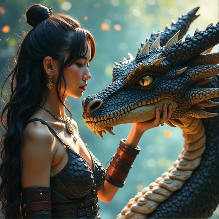 The image before us is a breathtaking masterpiece, a visual feast that transports the viewer to a fantastical world of oriental barbarian dragons and their enigmatic tamers. The central figure is a stunningly beautiful dragon tamer, her long, dark hair cascading down her back in a waterfall of glossy curls, adorned with a delicate circlet that gleams subtly in the ethereal light that bathes the scene. Her bangs, a carefully crafted fringe of hair, frame her face, drawing attention to her intense, focused gaze as she affectionately strokes the nose of a colossal dragon.
The dragon tamer's attire is a harmonious blend of leather and hide armor, designed to provide both protection and flexibility in her demanding role. The leather components of her armor are meticulously crafted, the material supple and well-maintained, bearing the patina of regular use. The hide components, sourced from the very dragons she tames, are expertly treated and fitted, providing an additional layer of defense against the elements and the razor-sharp claws and teeth of her formidable charges.
Her armor, while functional, does not detract from her femininity or beauty. Instead, it accentuates her slender waist, the curves of her hips, and the toned muscles that ripple beneath the surface of her sun-kissed skin. The armor's design is intricate, with subtle patterns and motifs that speak to the rich cultural heritage of her people, the oriental barbarian tribes that have long been associated with the mystical art of dragon taming.
The dragon tamer's posture is poised and confident, her body language radiating an aura of quiet authority and control. Her right hand is extended, her fingers gently tracing the scaled surface of the dragon's snout, the contact a testament to the deep bond that exists between the two beings. The dragon, in turn, permits this intimate touch, its eyes half-lidded, its expression one of serene contentment.
The dragon is a magnificent creature, a testament to the raw, untamed power of nature. Its scales, a deep, rich shade of obsidian, glisten in the light, each scale perfectly formed and arranged, creating an armor that is both beautiful and terrifying. Its wings, folded against its massive body, are a study in restrained power, the leathery skin taut and unblemished, the veins that course beneath the surface standing out in stark relief.
The dragon's eyes, the windows to its soul, are pools of molten gold, the irises ringed with a thin band of midnight black. They are intelligent eyes, reflecting a being that is far more than a mere beast. The dragon's gaze is fixed on the dragon tamer, the connection between them palpable, a living, breathing entity that transcends the physical realm.
The background of the image is a swirling vortex of colors, a representation of the mystical, otherworldly energy that permeates the realm of the dragon tamers. The hues shift and merge, creating a kaleidoscope of colors that both entrance and disorient the viewer. Amidst this chaos, the dragon tamer and the dragon stand as beacons of calm, their bond a stabilizing force in a world that is constantly in flux.
The image, as a whole, is a celebration of the beauty and power of the oriental barbarian dragon tamers and their dragons. It is a testament to the deep, abiding connection that can exist between humans and animals, a bond that transcends language, culture, and species. The image is a masterpiece, a visual symphony that speaks to the heart and the soul, leaving the viewer with a profound sense of awe and reverence.