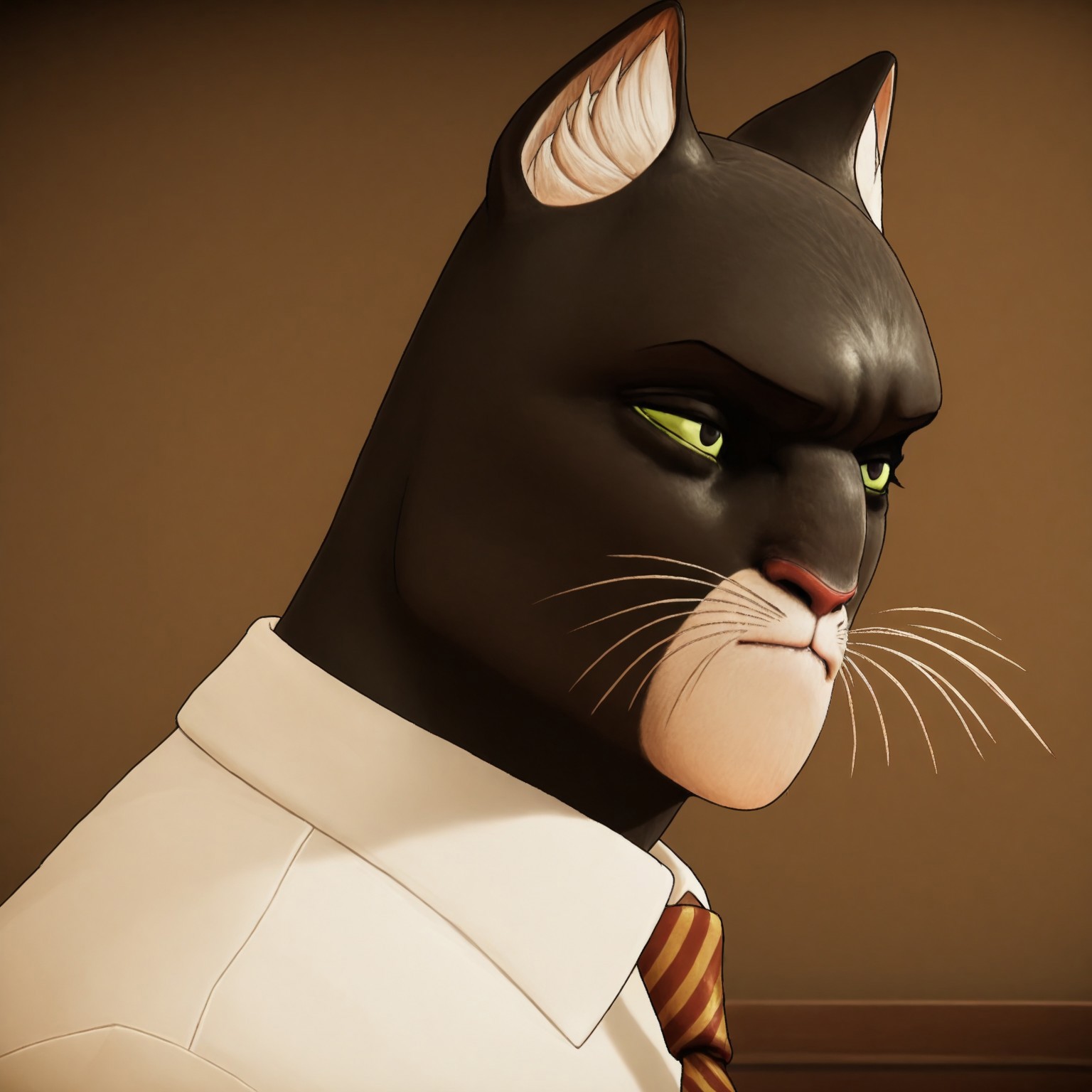 masterpiece, best quality, amazing quality, solo, Blacksad, whiskers, 1boy, furry, cat ears, black eyes, green sclera, tall, well-built, muscular, cat nose, black fur, white around mouth, older male, red-and-gold striped tie, trench coat, broad shoulders, white collared undershirt, green pants, black belt, black shoes, close up, portrait, face, shot, solo,