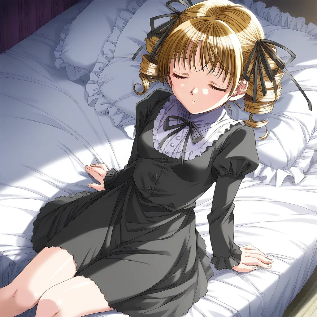 score_9, score_8_up, score_7_up, source_anime, rating_explicit, BREAK <lora:Yukiyanagi_Yuzu_XL:0.8> Yukiyanagi_Yuzu, brown hair, blonde hair, small breasts,
1girl, solo, closed eyes, frills, frilled pillow, black dress, button, bed, sitting, pillow, long sleeves, from above, clothes lift,