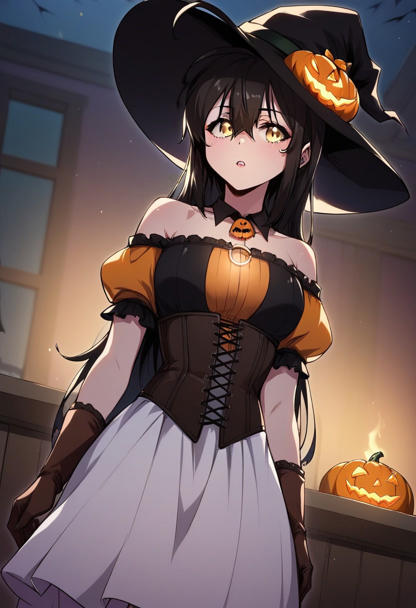 score_9,score_8_up,score_7_up,score_6_up,blurry, blurry background,1girl,wi seolah winter,solo,glowing,long hair,black hair,hair between eyes,ahoge,yellow eyes,halloween,halloween costume,witch costume,witch hat,brown gloves,corset,bare shoulders,puffy sleeves,white skirt,puffy skirt,posing,volumetric light,indoors,living room,cowboy shot, dutch angle
