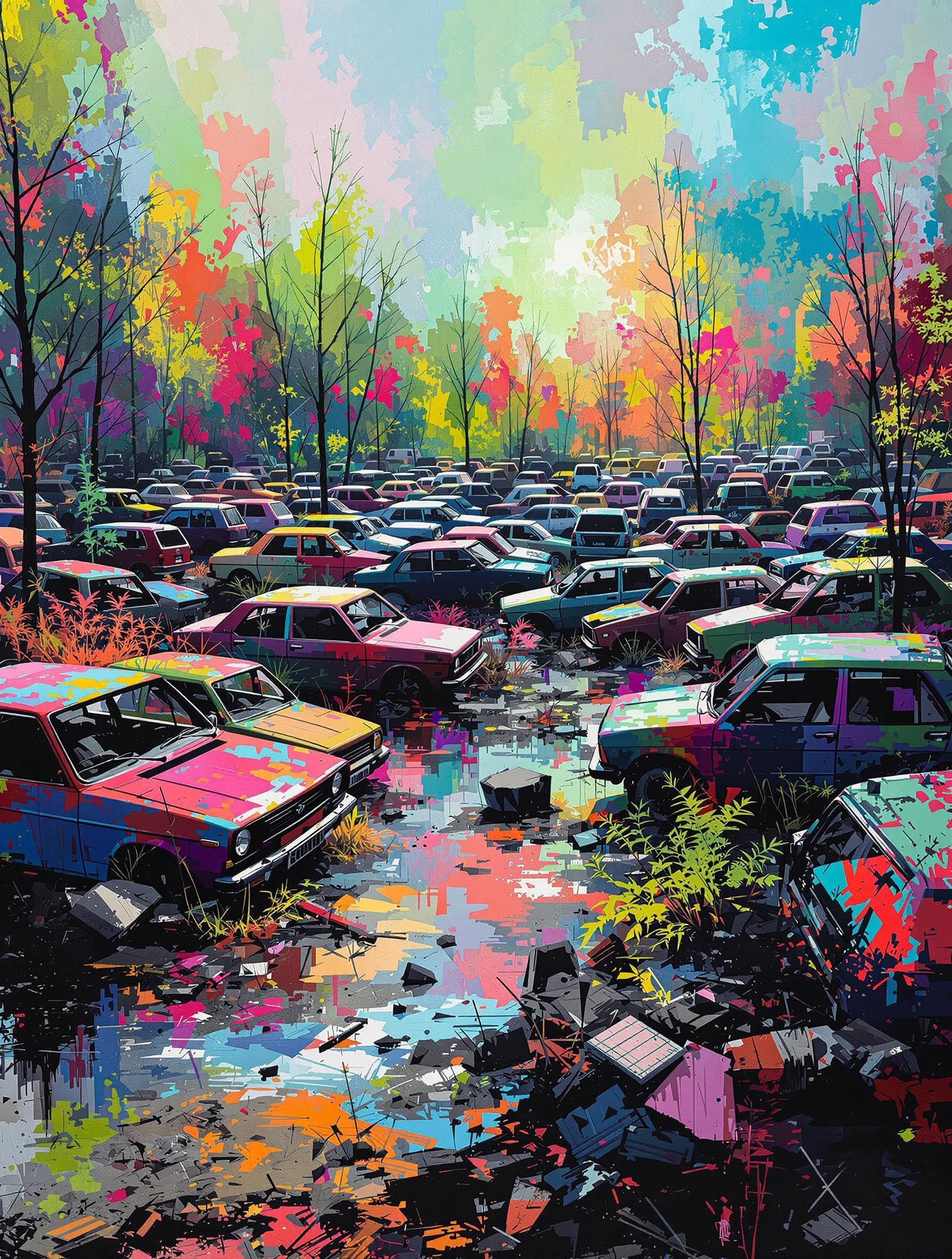An abandoned car graveyard, each car partly fading into colorful brush abstractions and partly into digital pixel ash