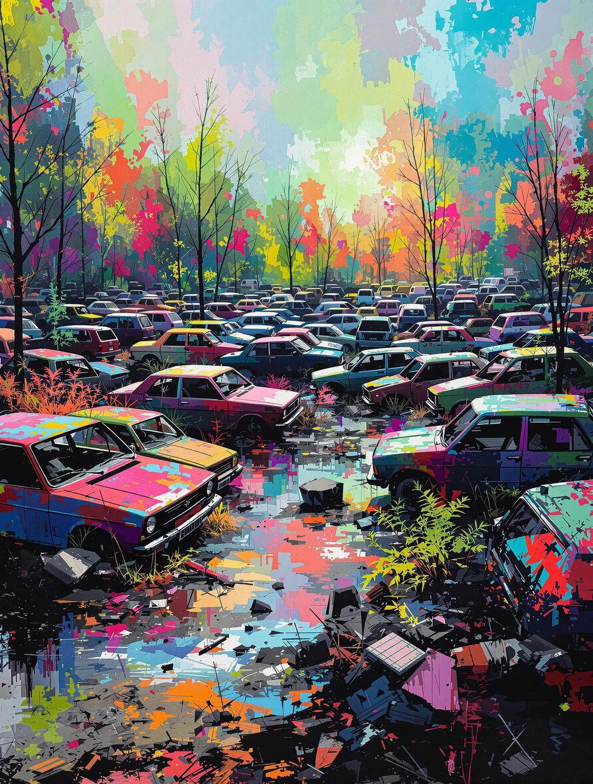 An abandoned car graveyard, each car partly fading into colorful brush abstractions and partly into digital pixel ash