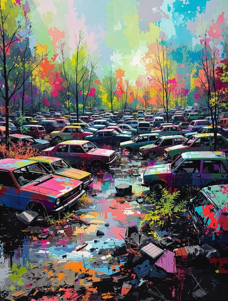 An abandoned car graveyard, each car partly fading into colorful brush abstractions and partly into digital pixel ash