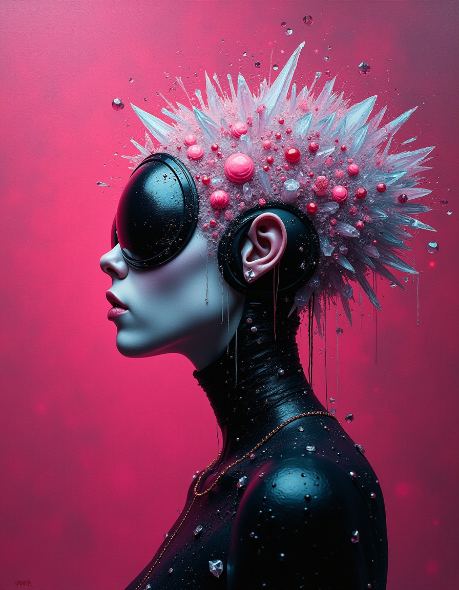 magenta white and black , oil painting, from the waist up profile, sharp focus, (biopunk:1.3) and (dark fantasy:0.5) and (retrofuturism:1.1),
unusual head, candies, transparent crystals, glitter.
saturated dirt color background. 
gemetric shape on background.
in the style of gerald brom and Joseph Cross.
The painting features dark tones, side lighting, high contrast, clean lines, high resolution, and high detail.