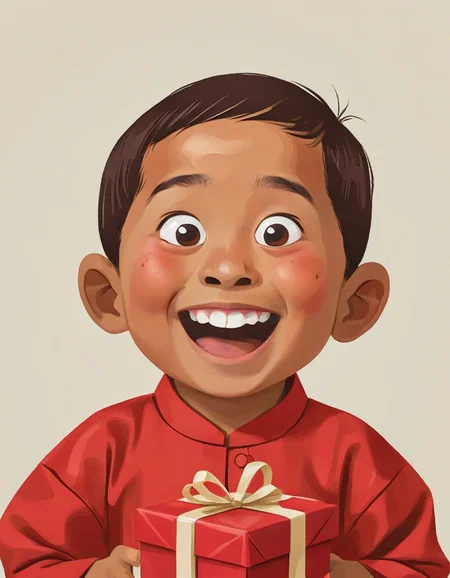 Indonesian kid portrait closeup, Gifts, Present Unwrapping, Joyful Surprises <lora:CKNEW_0.13_:0.85>