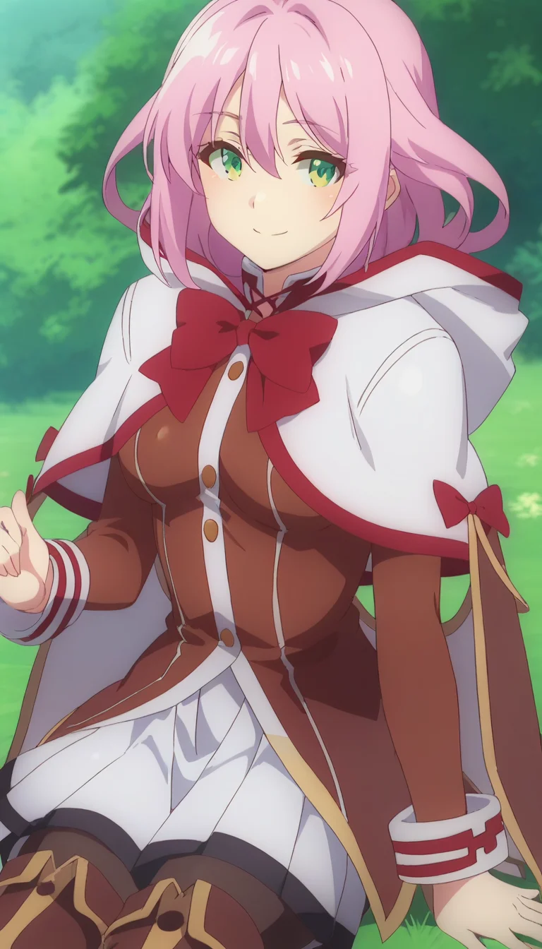 score_9,score_8_up,score_7_up,score_6_up BREAK official art,solo,outdoors,upper body,(portrait:1.5),looking at viewer,facing viewer,smile,blush,Norun,medium hair,pink hair,sidelocks,hair between eyes,parted bangs,green eyes,hood,white capelet,cloak,hood,red bow,red bowtie,brown tailcoat,long sleeves,medium breasts,white skirt,pleated skirt,thigh boots,brown footwear,<lora:Norun(rh)-Pony:1.6>,