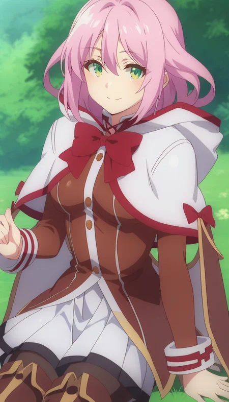 score_9,score_8_up,score_7_up,score_6_up BREAK official art,solo,outdoors,upper body,(portrait:1.5),looking at viewer,facing viewer,smile,blush,Norun,medium hair,pink hair,sidelocks,hair between eyes,parted bangs,green eyes,hood,white capelet,cloak,hood,red bow,red bowtie,brown tailcoat,long sleeves,medium breasts,white skirt,pleated skirt,thigh boots,brown footwear,<lora:Norun(rh)-Pony:1.6>,