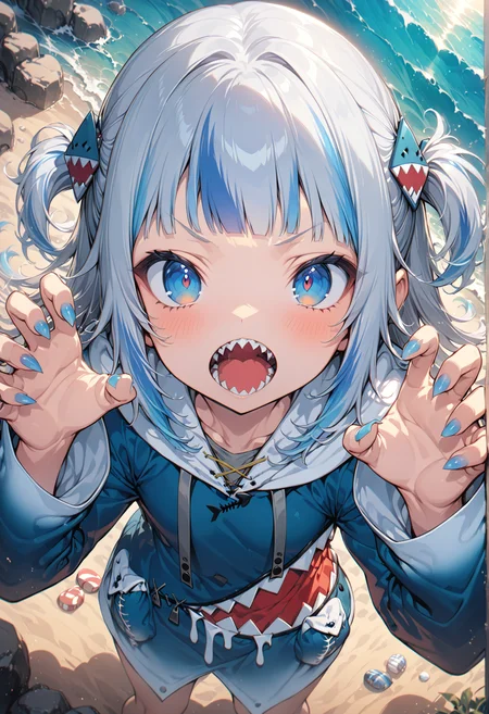 fangs_out_xl, 1girl, fangs, gawr gura, shark girl, sharp teeth, solo, hoodie, shark hair ornament, multicolored hair, open mouth, blue eyes, hair ornament, blue hair, blue nails, grey hair, hood, streaked hair, blunt bangs, silver hair, blue hoodie, looking at viewer, twintails, claw pose,
at the beach, ocean, sand, extremely detailed mouth and teeth, upper body, from above,
intricate detail, cinematic lighting, amazing quality, amazing shading, detailed Illustration, official artwork, wallpaper, official art,
(masterpiece, best quality:1.2), extremely detailed face and eyes, beautiful detailed eyes,
<lora:Fangs_out_concept_XL:1>
<lora:IOS_Iridescent_opal_style:0.6>