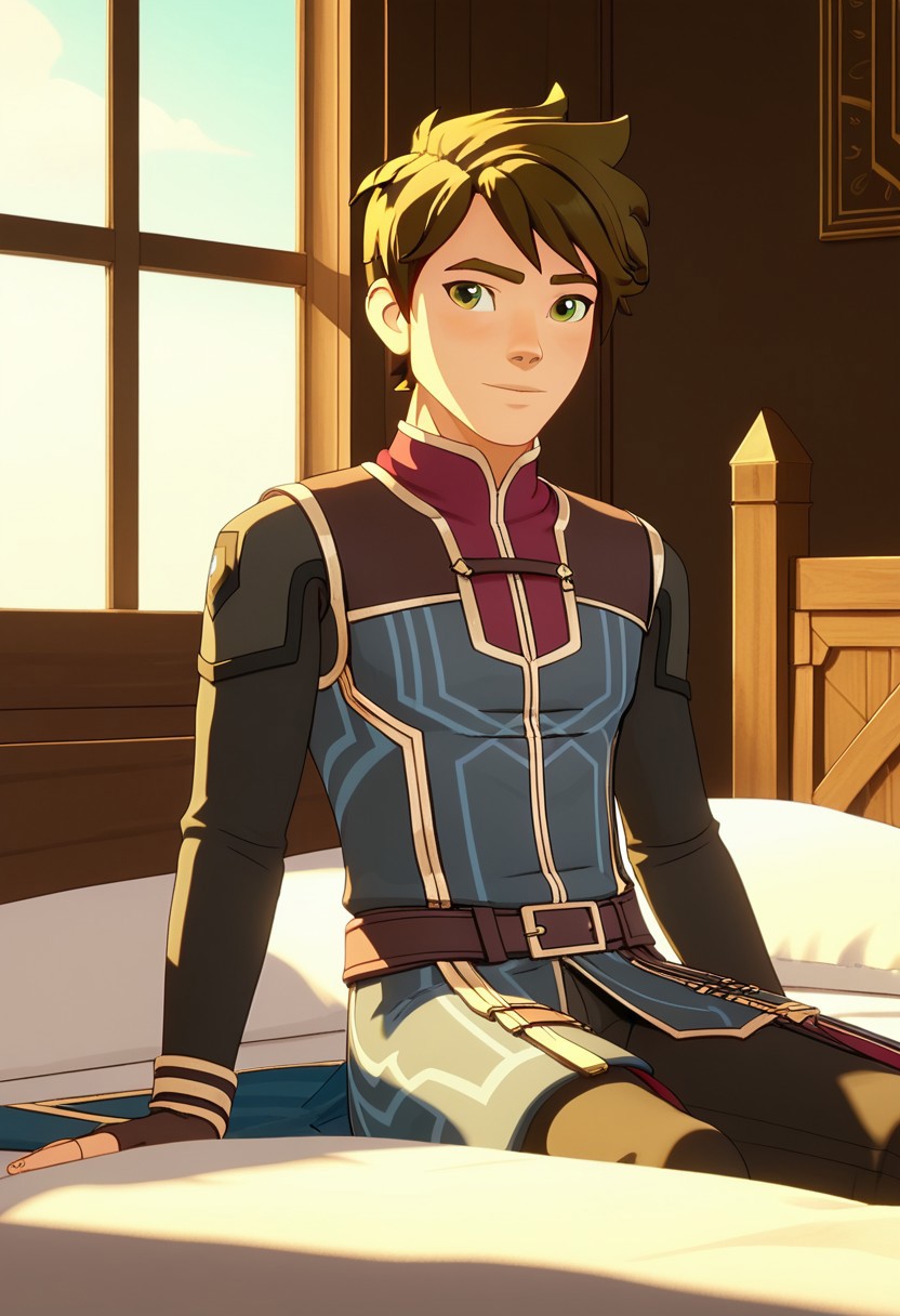 Score_9, Score_8, Score_7, TDPStyle, Callum, Messy Hair, Green Eyes, Blue Mage Outfit, sitting on a bed,, with sunlight filtering through the windows,