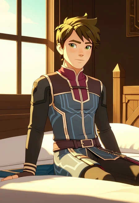 Score_9, Score_8, Score_7, TDPStyle, Callum, Messy Hair, Green Eyes, Blue Mage Outfit, sitting on a bed,, with sunlight filtering through the windows,