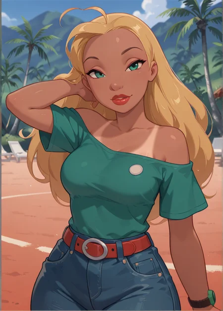 masterpiece, best quality, amazing quality, very aesthetic, absurdres, newest, 4k, 8k, outdoors, upper body, official style, 
lifeguardxd, 1girl, tan, tanlines, blonde hair, long hair, green eyes, solo, green shirt, off-shoulder, belt, denim pants, dynamic pose, breasts, ahoge, looking at viewer, medium breasts, huge hips, sexy, seductive, lips, red lips, 
<lora:Lifeguard_-_Disney_Illustrious:1>