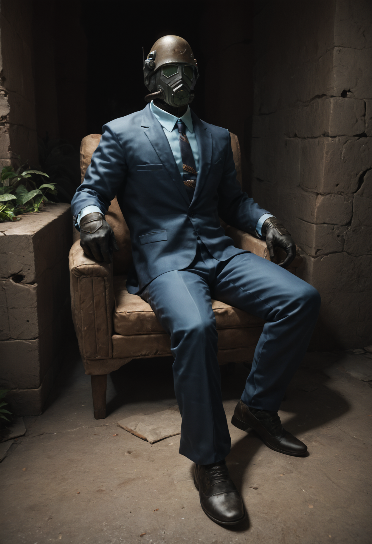 (score_9, score_8_up:1.1), score_7_up, realistic photograph
d3sertranger, helmet, 1boy, reclining male solo, (muscular), black gloves, gas mask, formal, blue suit, full body, front view, night starry_sky sunset city ruins, <lora:desert_ranger_v1.1.6_pony:1>